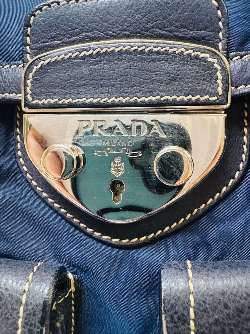 Prada Navy Nylon and Black Leather Double-Pocket Satchel with silver Hardware - Picture 6 of 15